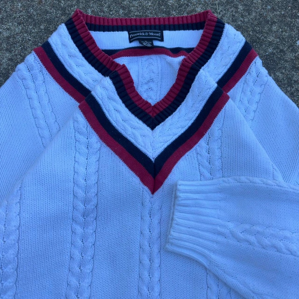 Vintage 90s Preswick & Moore Cable Knit V Neck Preppy Sweater White XL (d6)